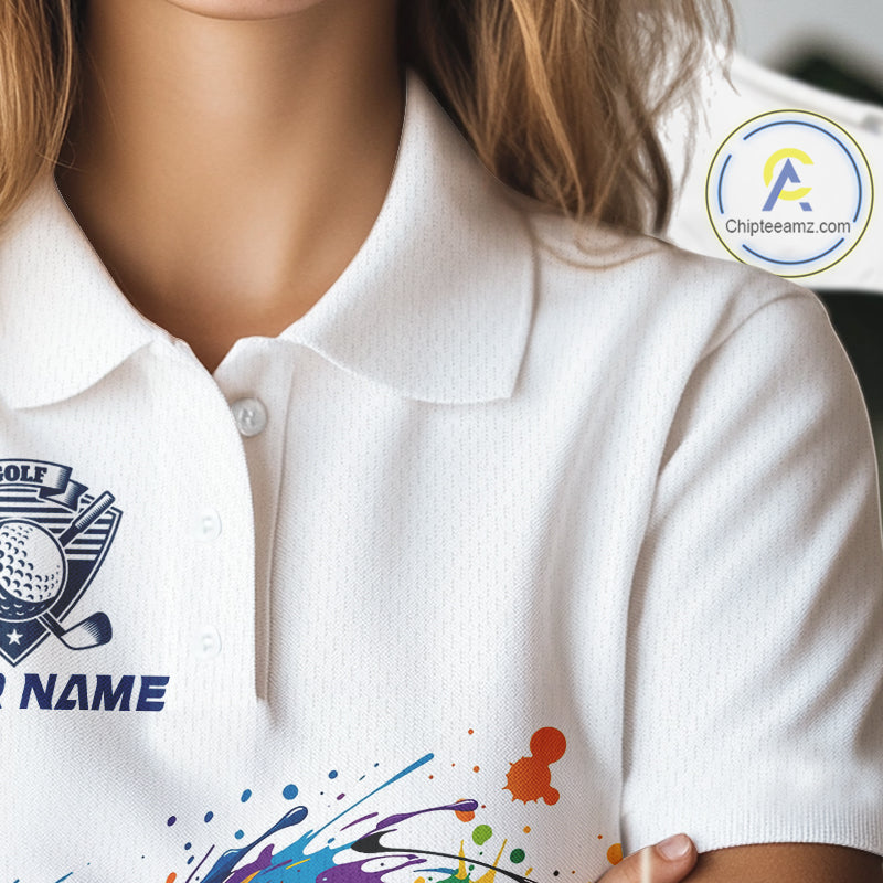 Womens Golf Polo Shirt Watercolor Golfer Golf Pattern Custom Name White Golf Shirt, Golf Gifts NBT685