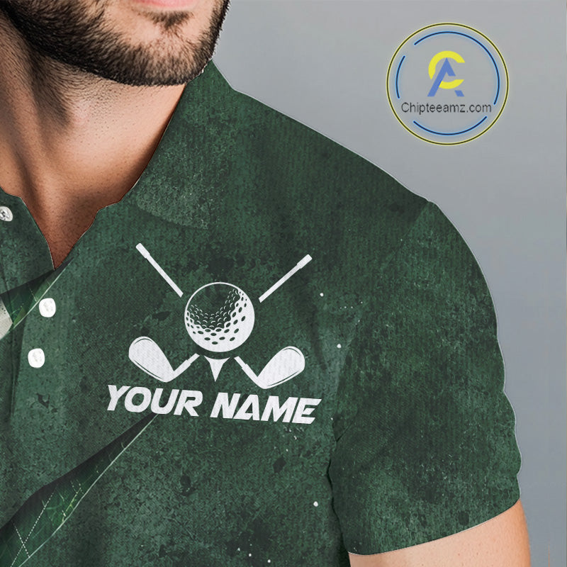 Close-up breathable fabric of green argyle pattern golf polo shirt with “Team Name” and cross golf clubs on the chest.
