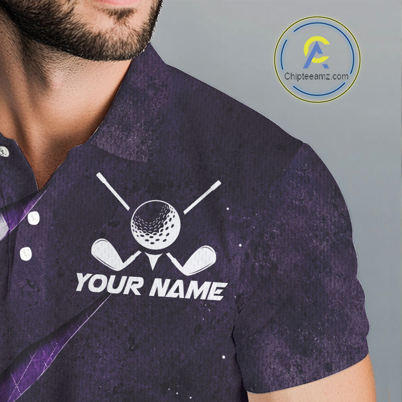 Close-up breathable fabric of purple argyle pattern golf polo shirt with “Team Name” and cross golf clubs on the chest.