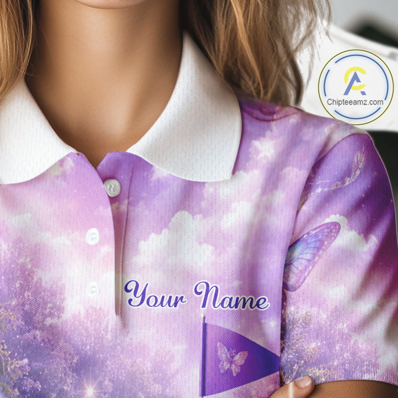 Purple Butterfly Womens Long Sleeve Golf Polo Shirt Custom Name Floral Colorful Golf Shirts NBT557