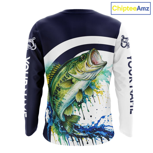 Custom Bass Fishing Shirts Long Sleeve Blue Camo Color Paint, Bass Fishing Shirts NBT461