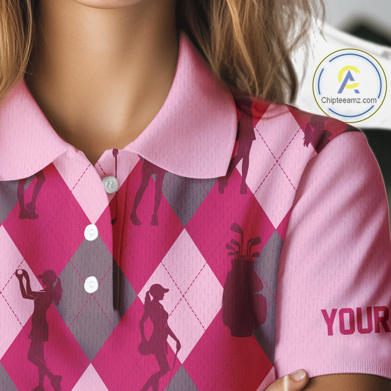 Pink Argyle Womens Golf Polo Shirts, Golf Shirts Custom Team Golf Polo For Ladies Team Golf Tops NBT490