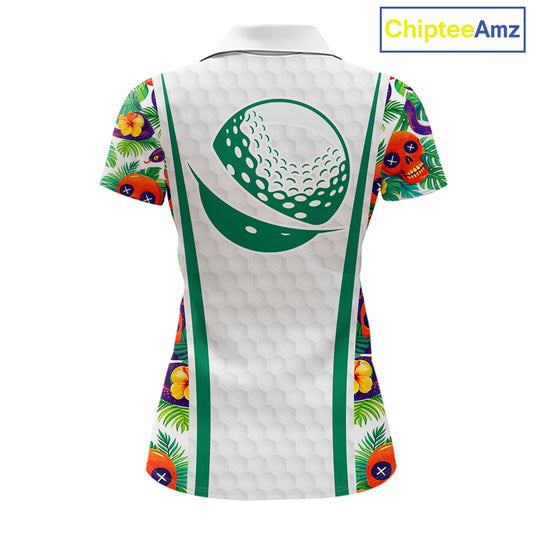 Funny Golf Skull Tropical Pattern Golf Polo Shirt Custom Name Golf Shirts For Womens NBT519