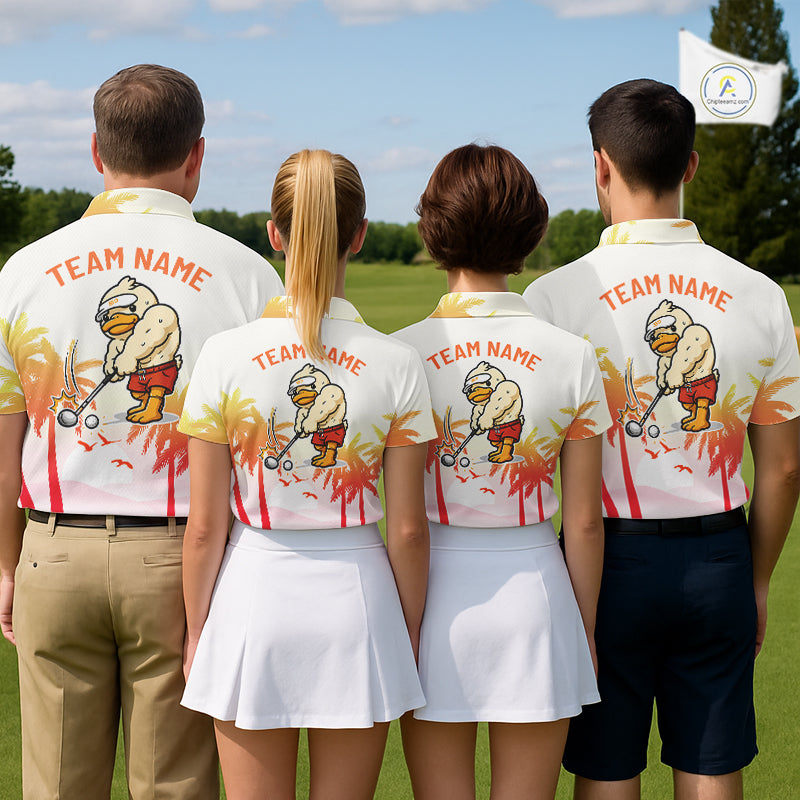 Funny Duck Golf Polo Shirt For Men, Tropical Sunset Print, Sporty Animal Golf Gift NBT803