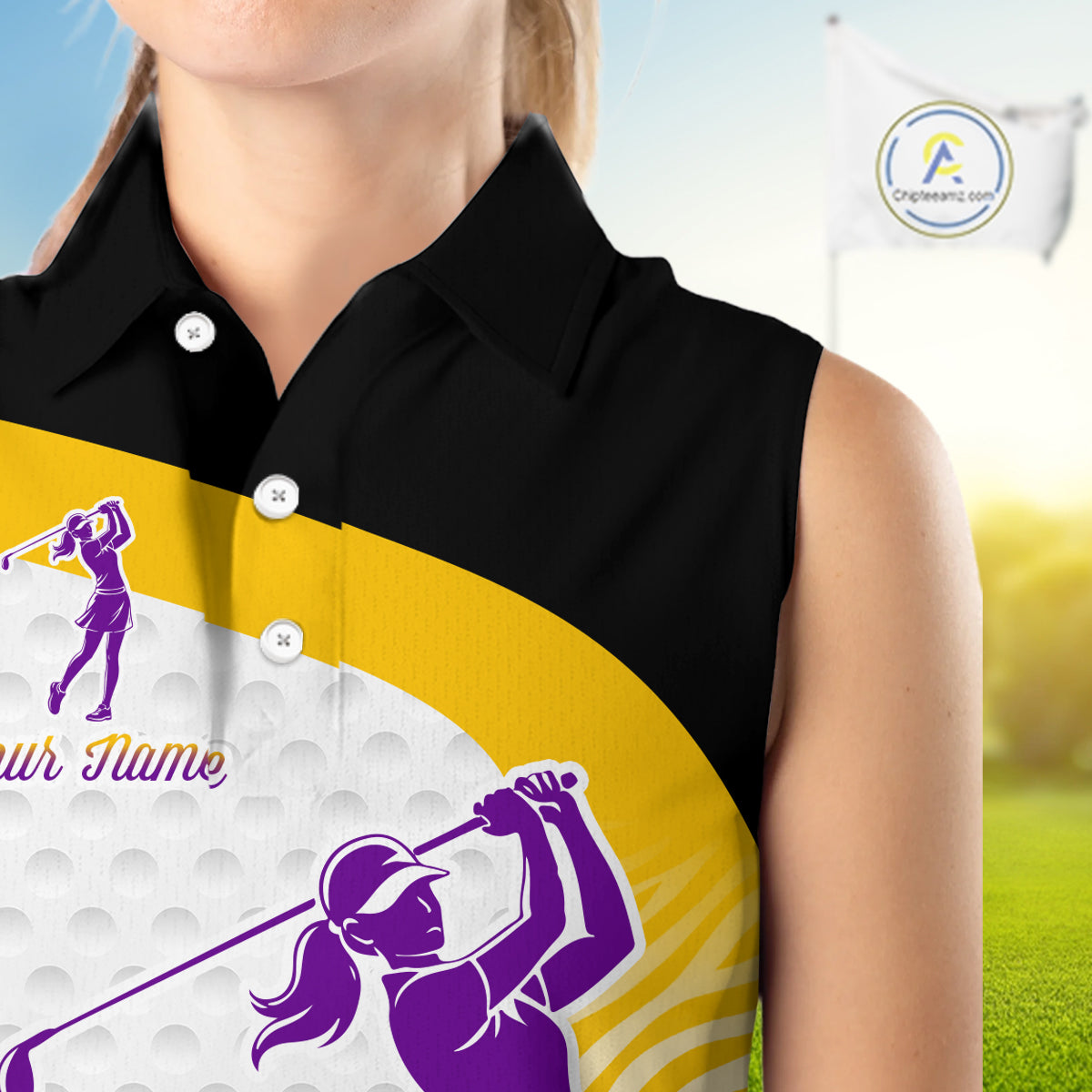 Yellow & Purple Zebra Pattern Womens Sleeveless Golf Polo Shirts Custom Name Gift For Golf Lovers NBT583