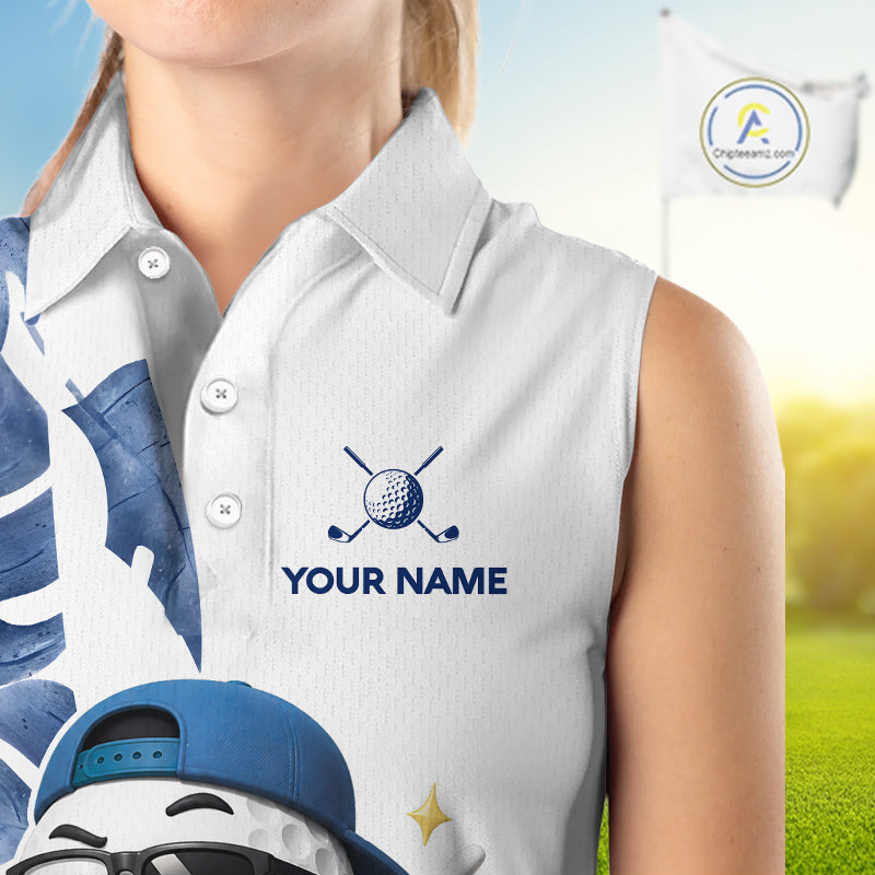 Funny Golf Ball Tropical Pattern Custom Womens Sleeveless Golf Polo Shirts, Golfing Gifts|Blue NBT708