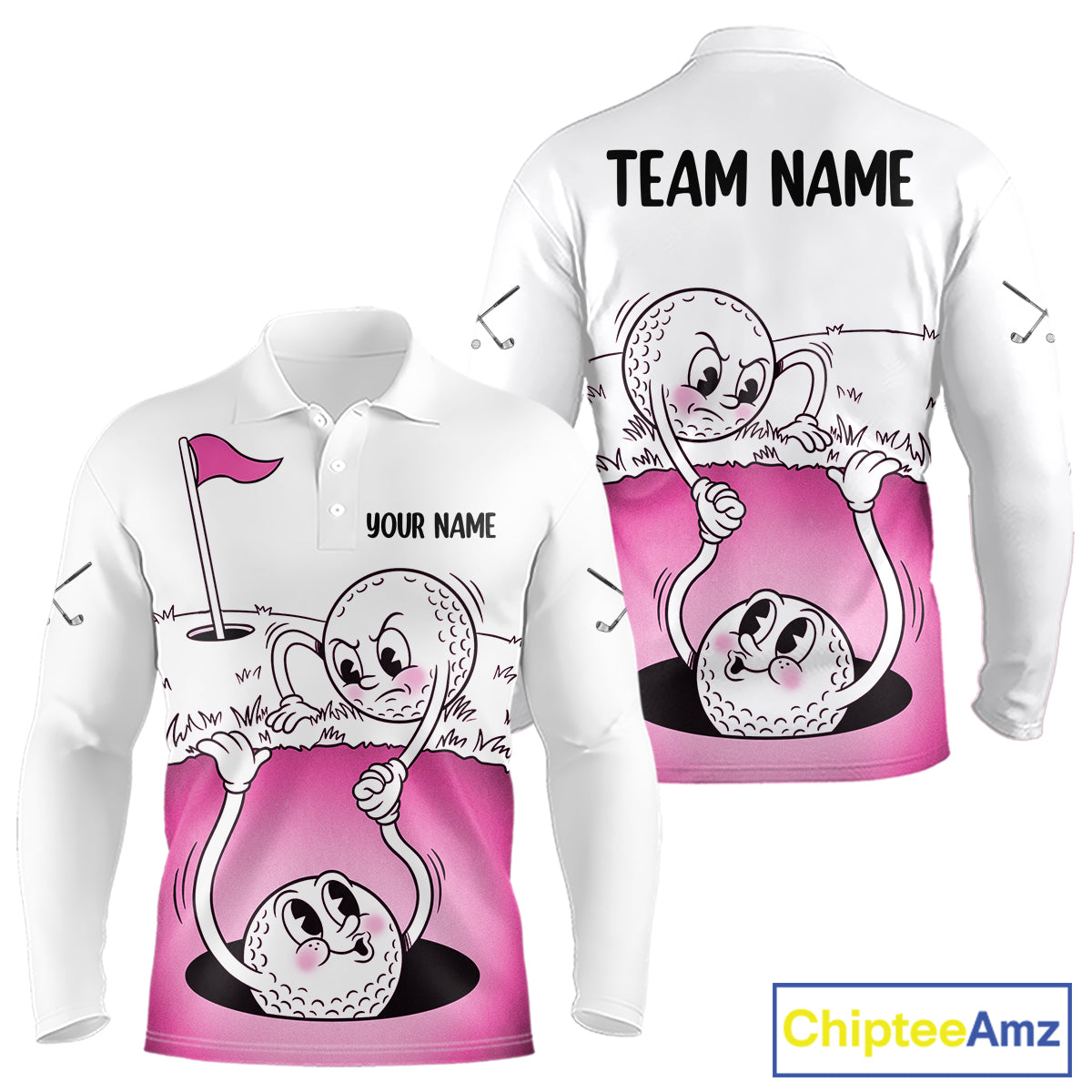 Pink Funny Golf Rescue Team Polo Shirt Custom Name, Golf Ball Cartoon Polo, White Golf Shirt NBT600