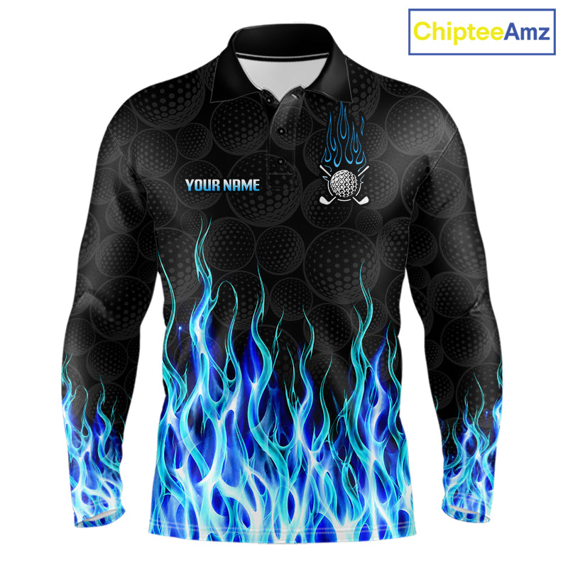 Mens long sleeve golf polo shirt blue flame pattern - front view, custom name available