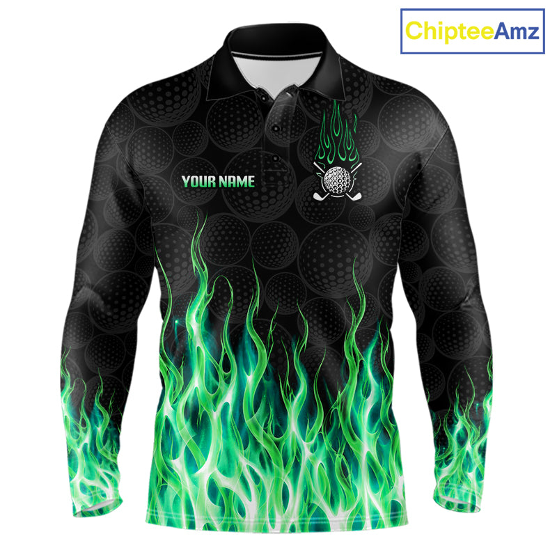 Mens golf polo shirt green flame pattern - front view, custom name available