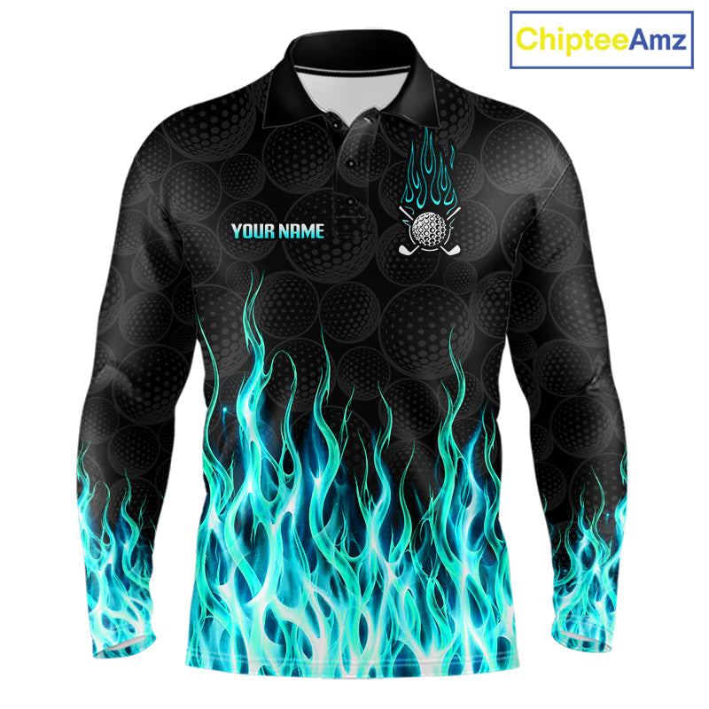 Golf Balls Turquoise Flame Pattern Mens Golf Polo Shirts Custom Name Golf Clothes For Men Golfing NBT834