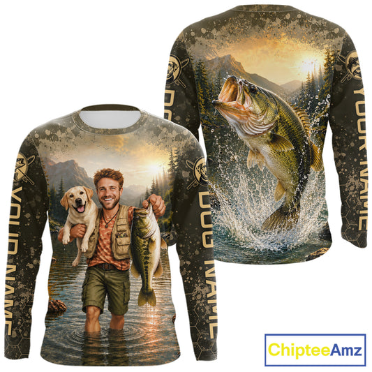 Custom Photo Bass And Dog Fishing Shirts Long Sleeve For Men, Sun Protection Shirts NBT734