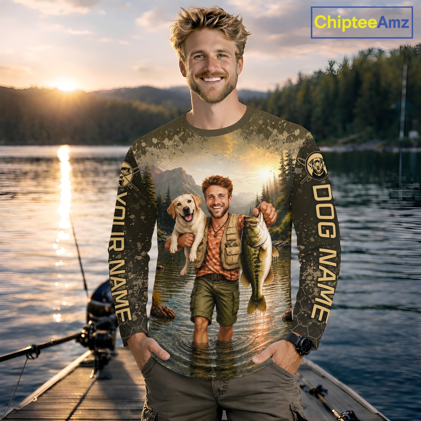 Custom Photo Bass And Dog Fishing Shirts Long Sleeve For Men, Sun Protection Shirts NBT734