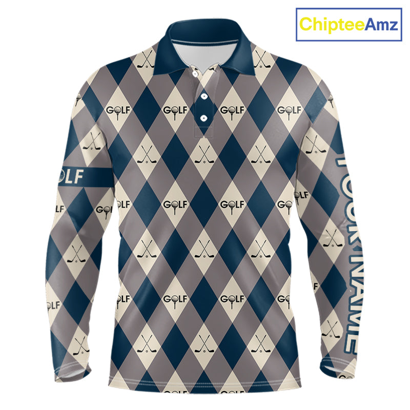 Blue Argyle Plaid Pattern Mens Golf Polo Shirts Custom Golf Attire For Men, Team Golf Shirt NBT636
