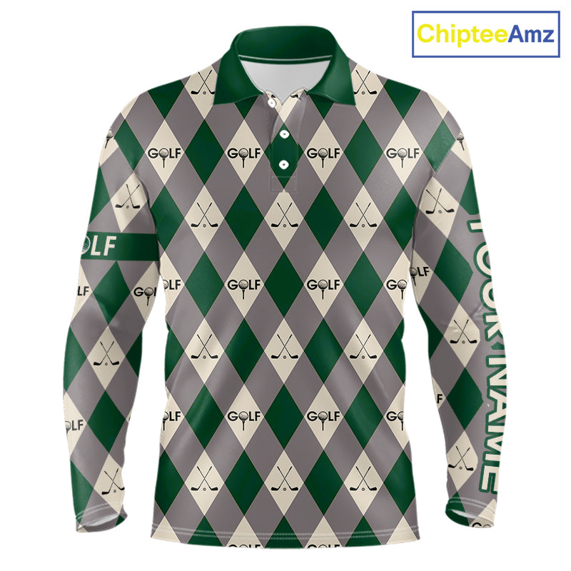 Green Argyle Plaid Pattern Mens Golf Polo Shirts Custom Golf Attire For Men, Team Golf Shirt NBT637