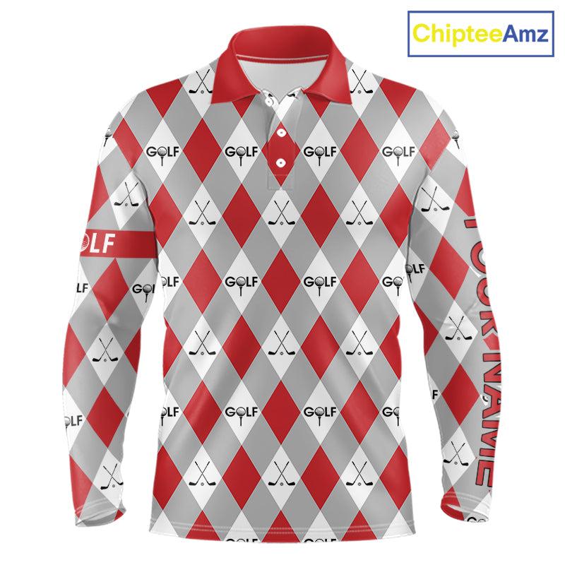 Red Argyle Plaid Pattern Mens Golf Polo Shirts Custom Golf Attire For Men, Team Golf Shirt NBT638