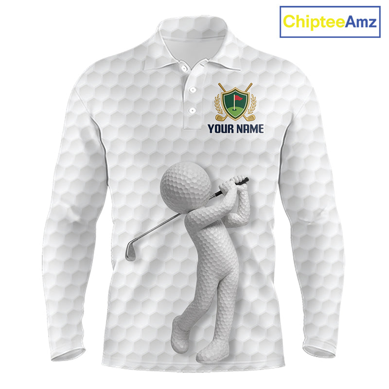 Front view Custom Name mens long sleeve golf polo shirt with unique golf ball pattern and personalized name