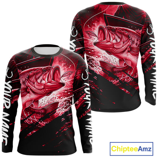 Red and black long sleeve fishing shirt with largemouth bass fish design on a white background