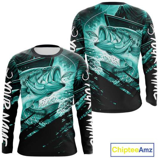 Teal and black long sleeve fishing shirt with largemouth bass fish design on a white background