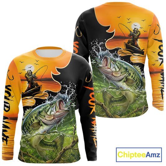 Personalized Fish Reaper Sunset Design Largemouth Bass Fishing Shirts Long Sleeve NBT673