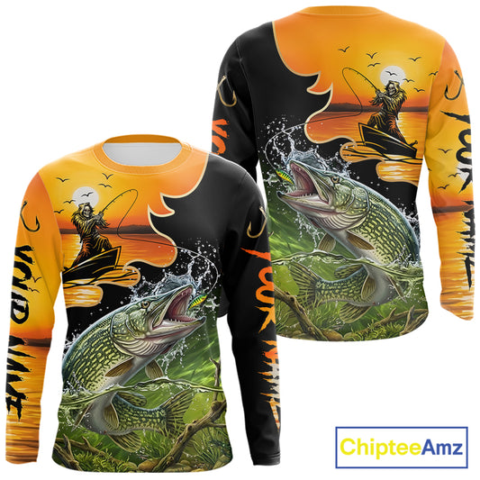 Personalized Fish Reaper Sunset Design Northern Pike Fishing Shirts Long Sleeve NBT675