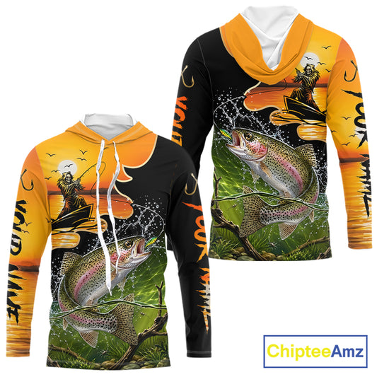 Personalized Fish Reaper Sunset Design Rainbow Trout Long Sleeve Hooded Fishing Shirts NBT676