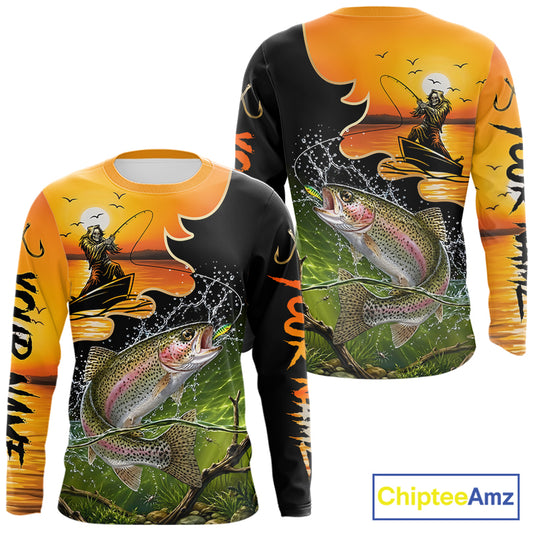 Personalized Fish Reaper Sunset Design Rainbow Trout Fishing Shirts Long Sleeve NBT676