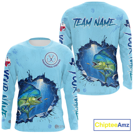 Custom Mahi Mahi Fishing Long Sleeve Tournament Shirts, Mahi Mahi Saltwater Fishing Apparel | Blue NBT687