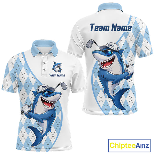Funny Mens Golf Polo Shirt Argyle Pattern Custom Name Shark Playing Golf Shirt Golf Gifts NBT951