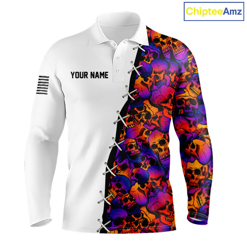 Colorful Skull American Flag Mens Long Sleeve Polo Shirt Front View Custom Name