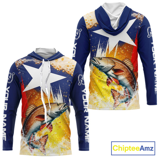 Custom Texas Flag Redfish Fishing Shirts, Funny Fishing Beer Shirts Long Sleeve Hooded For Team NBT619