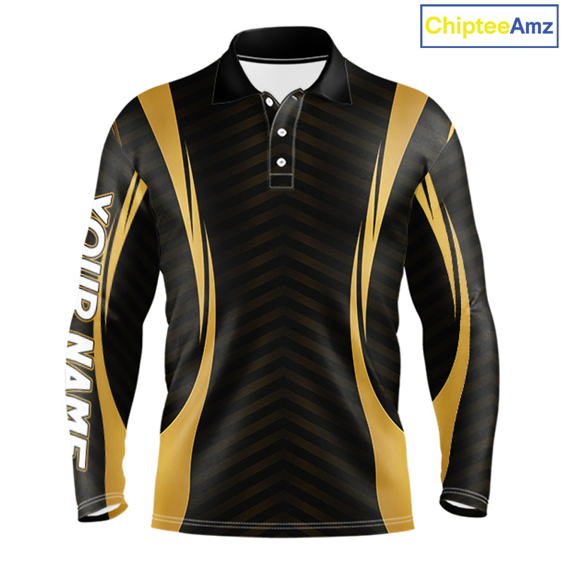 Front view Custom Skull mens long sleeve golf polo shirt black gold design with custom name on sleeve