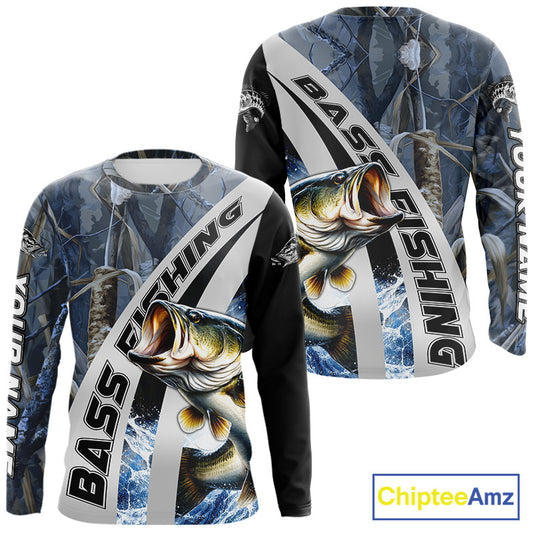 Custom Bass Fishing Grass Camo Long Sleeve Fishing Shirts, Bass Fishing Tournament Shirts NBT450