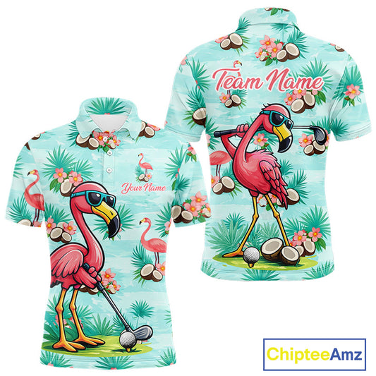 Funny Mens Golf Polo Shirts Custom Name Pink Flamingo Pattern, Tropical Golf Shirt NBT478