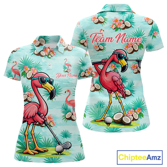 Funny Womens Golf Polo Shirts Custom Name Pink Flamingo Pattern, Tropical Golf Shirt NBT478