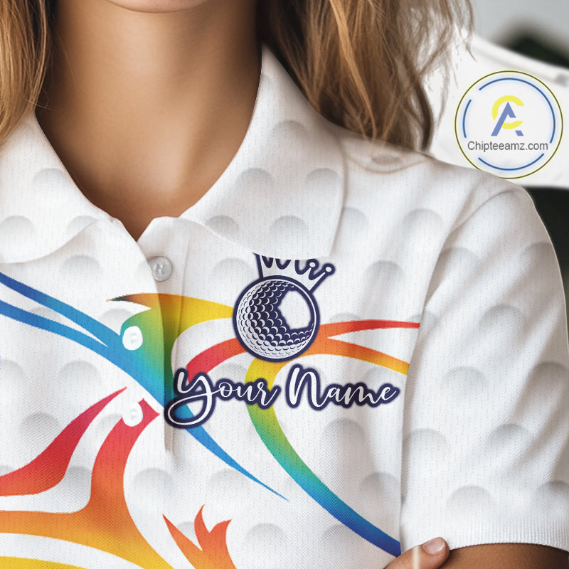 Rainbow Color Womens Golf Polo Shirts Golf Ball Pattern Custom Name, White Golf Shirt For Ladies NBT545