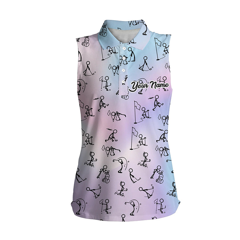 Womens Sleeveless Polo Shirt Rainbow Gradient Stick Figures Playing Golf Custom Golf Gifts For Women LDT1044