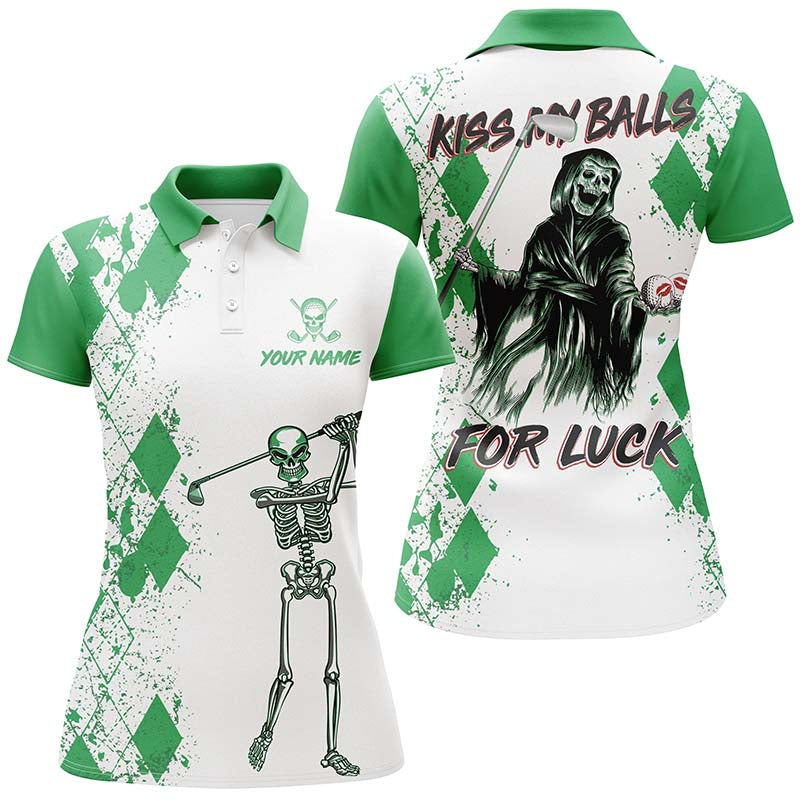 Kiss My Balls Golf Polo Shirts Skeleton Green Argyle Scary Halloween Golf Shirts For Women LDT0324