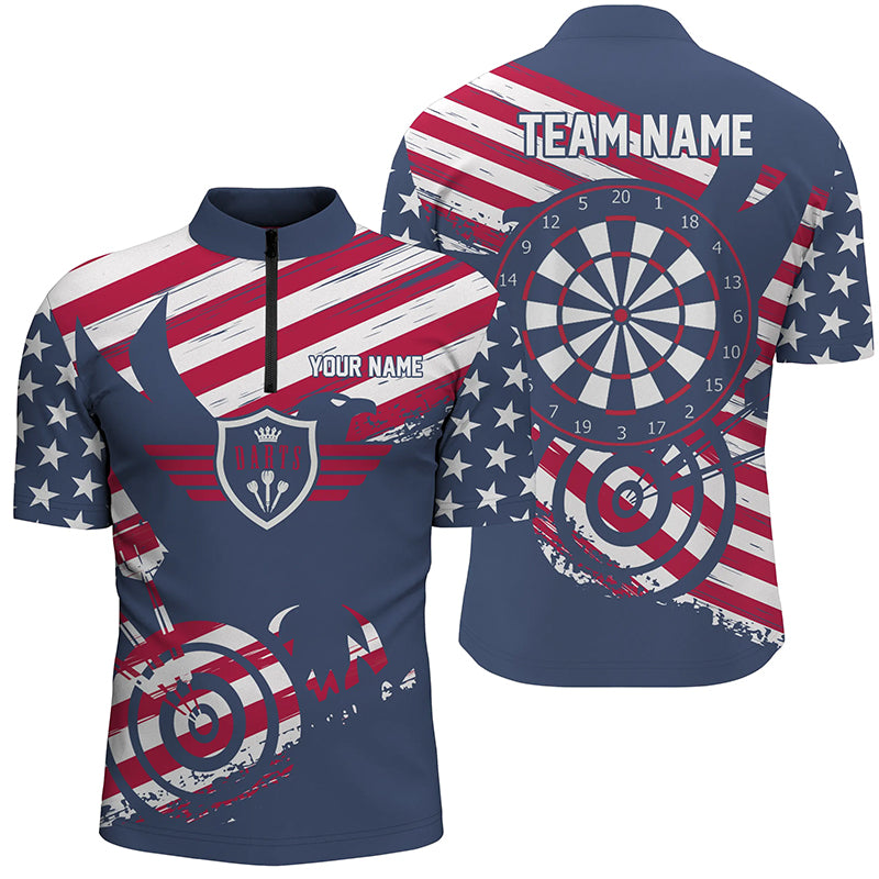 Personalized American Flag Red Blue Darts Quarter Zip Shirt Patriotic Darts Jersey For Men LDT0409