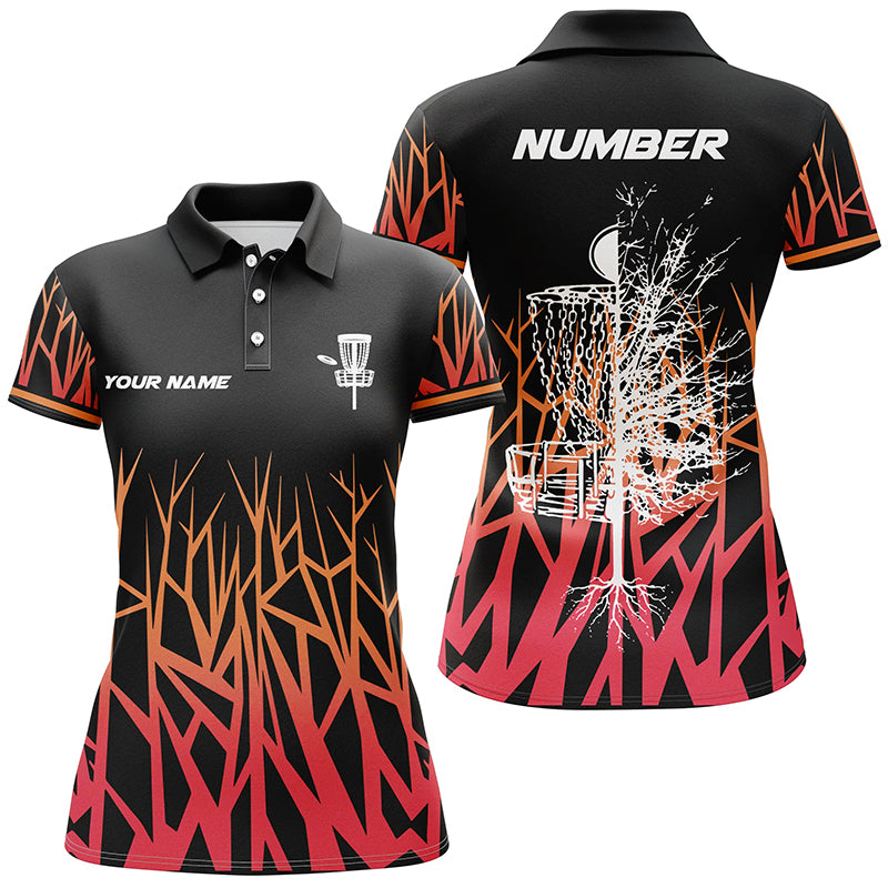 Personalized Disc Golf Basket Tree Red Gradient Womens Polo Shirt Disc Golf Shirts For Women LDT1058