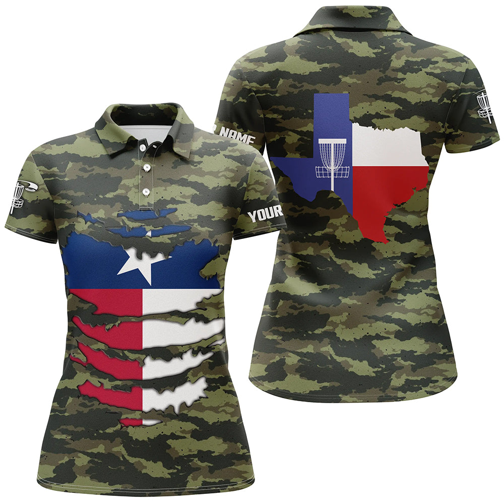 Personalized Green Camo Texas Womens Disc Golf Polo Shirts Patriotic Golf Shirts For Women LDT0269