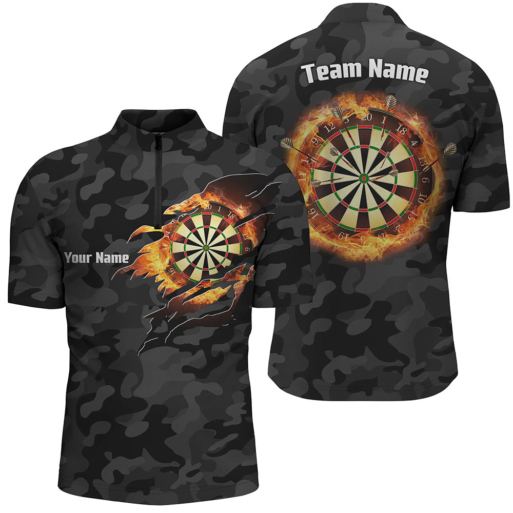 Personalized Basic Black Camo Flame Dartboard Quarter-Zip Shirt Custom Dart Jersey For Men LDT0356