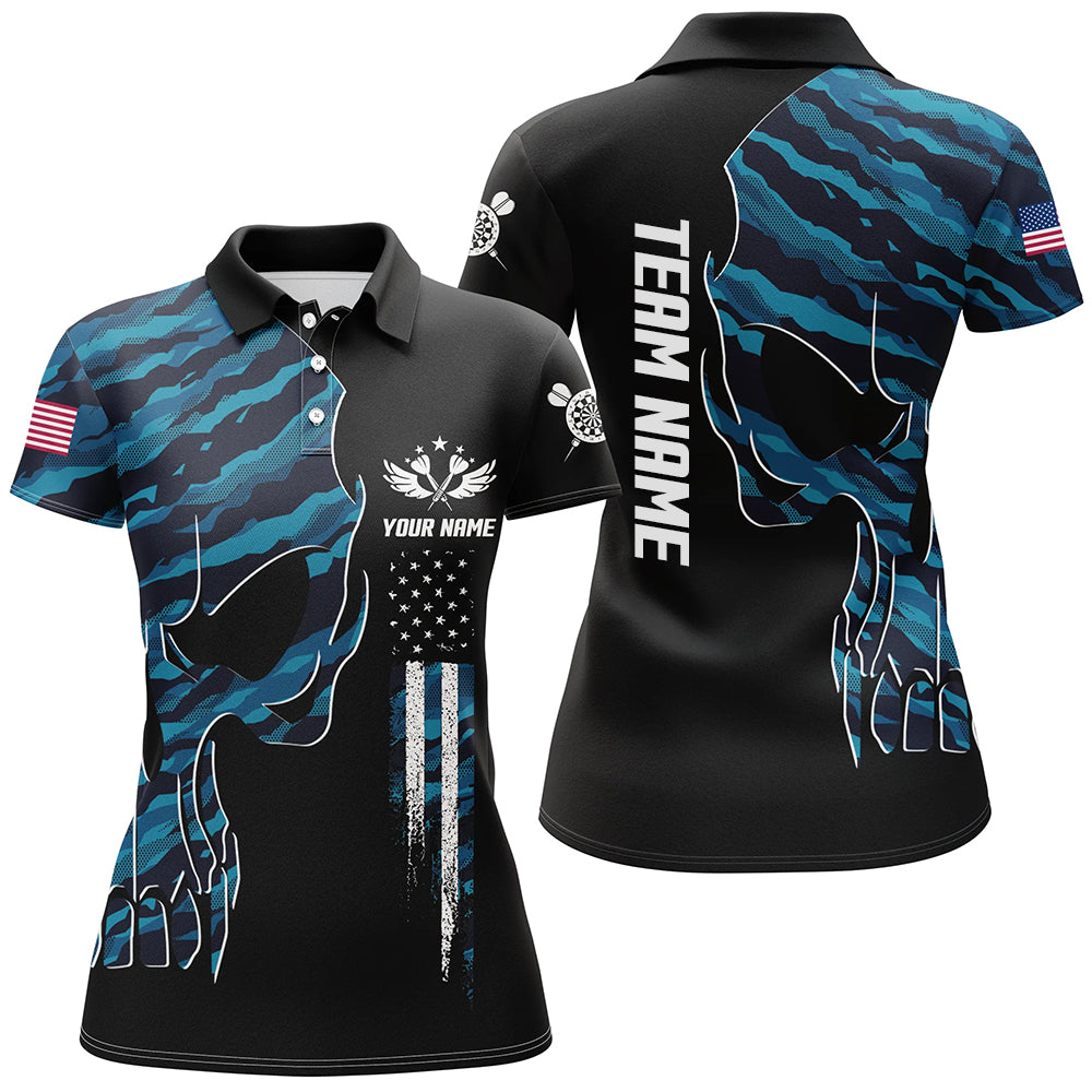 Skull Blue Camouflage American Flag Darts Polo Shirt Patriotic Dart Jerseys For Women LDT0991