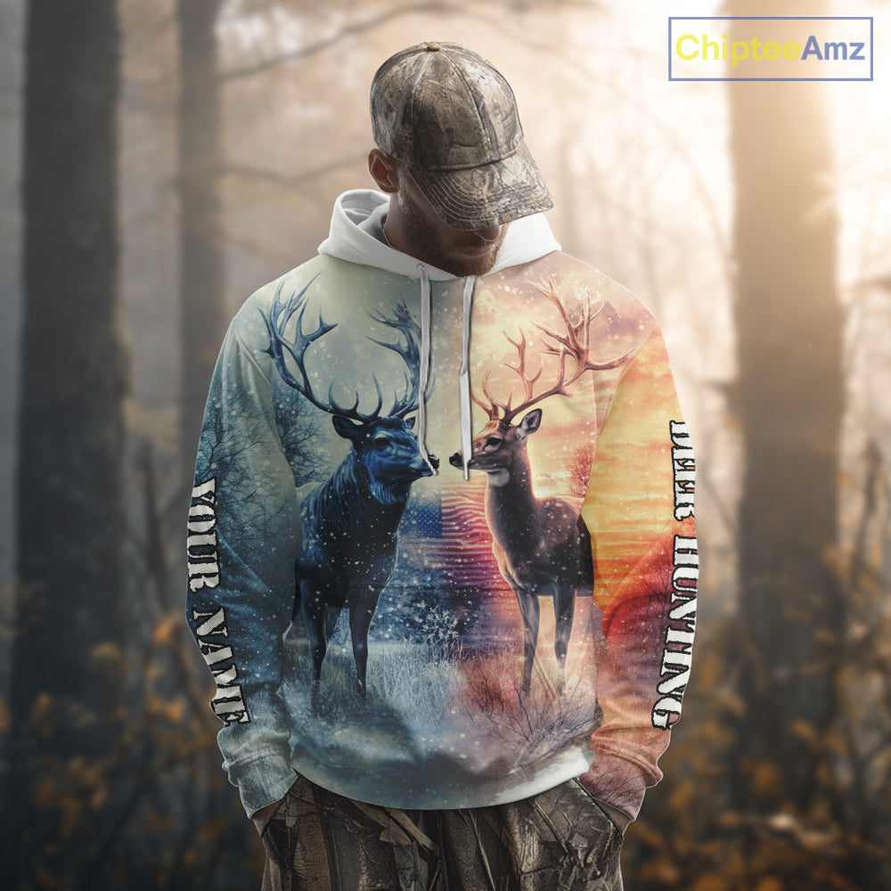 Deer Hunting in snow American Flag Long Sleeve, Hoodie Shirt NHT02