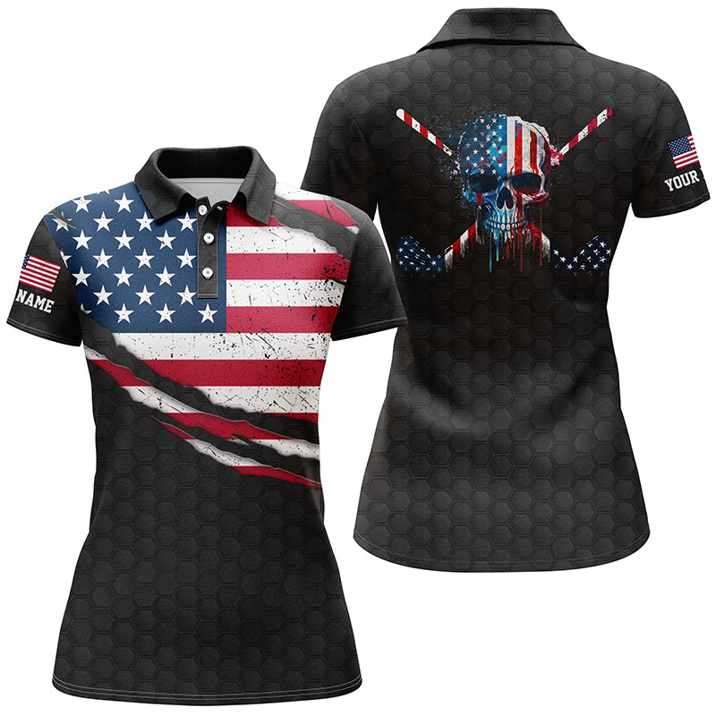 American Flag Skull Golf Shirts For Women, Funny Golf Shirt, Personalized Women Golf Shirts Golf Gift LDT0041
