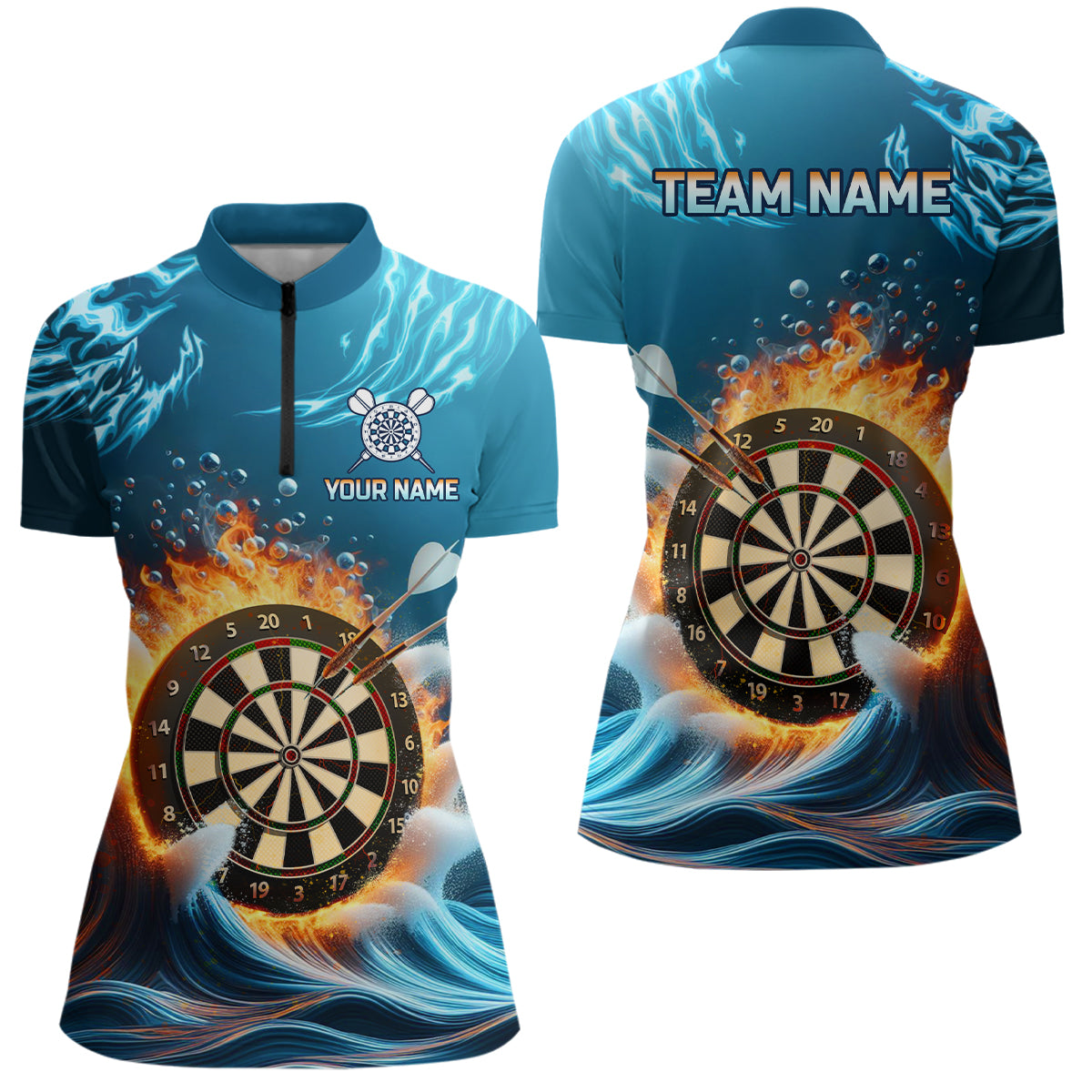 Fire And Water Blue Darts Quarter Zip Shirt Custom Darts Shirt For Women Dart Team Jerseys LDT1427