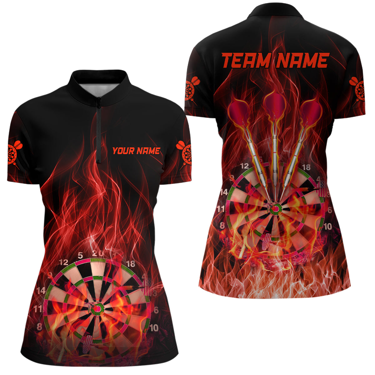 Red Fire Flame Womens Darts Quarter Zip Shirt Custom Dart Shirts For Women Dart Jerseys LDT1327