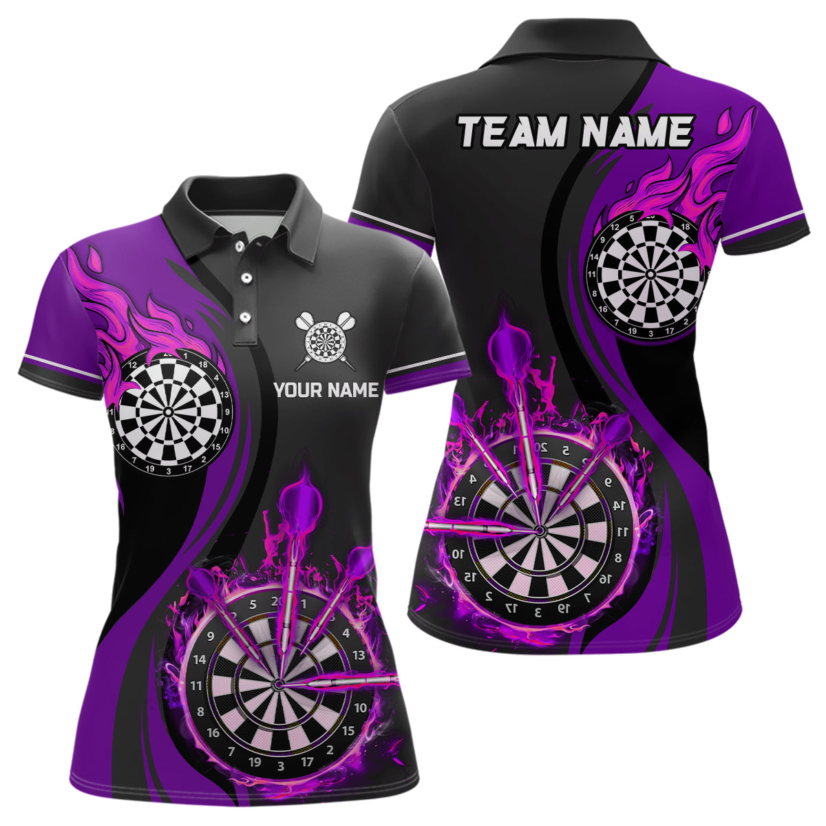 Purple Fire Flame Womens Darts Polo Shirt Custom Dart Shirts For Women Dart Jerseys LDT1477