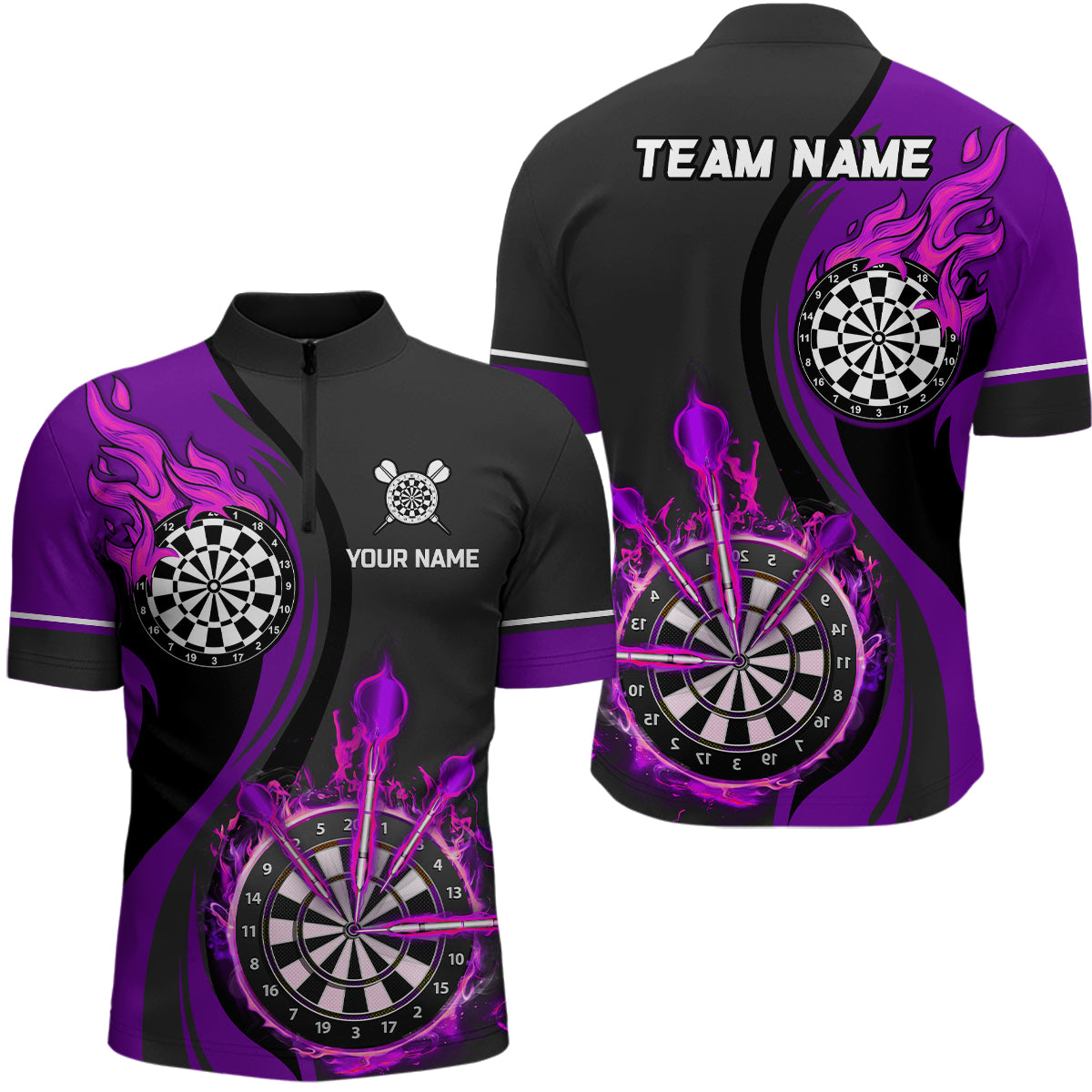Purple Fire Flame Mens Darts Quarter Zip Shirt Custom Dart Shirts For Men Dart Jerseys LDT1477