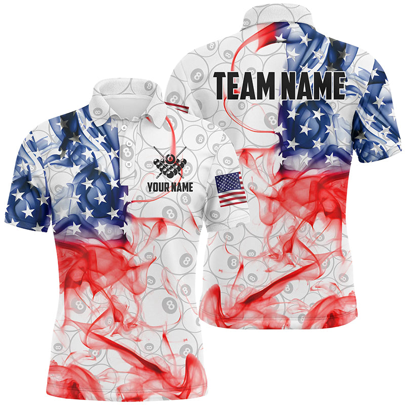 Personalized Vintage Smoke US Flag Billiard 3D Polo Shirts For Men, White 8 Ball Pool Team Jerseys VHM1013