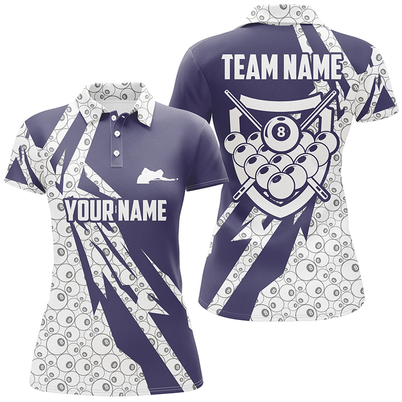 Personalized 8 Ball Pattern Purple White Billiard Polo Shirts For Women, Billiard Balls Shirts VHM0463